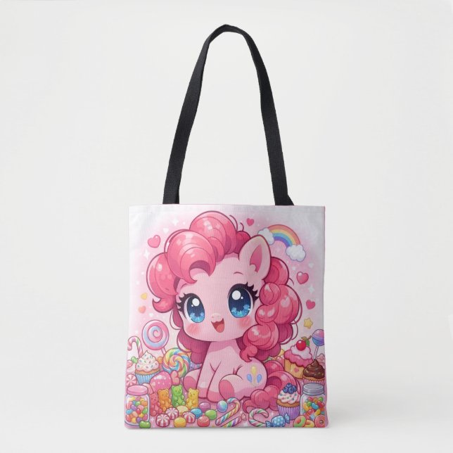 Kawaii Rosa Pony Chibi Konst Shoppingväska Tygkasse (Framsida)