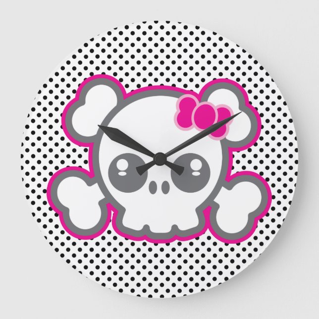 Kawaii Rosa Ribbon Skull-lås Stor Klocka (Framsida)