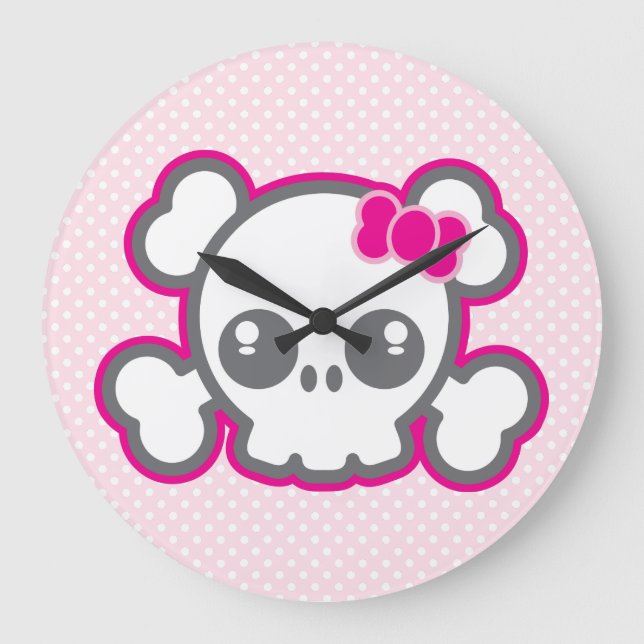 Kawaii Rosa Ribbon Skull-lås Stor Klocka (Framsida)