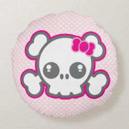 Kawaii Rosa Ribbon Skull Round Pillow Rund Kudde