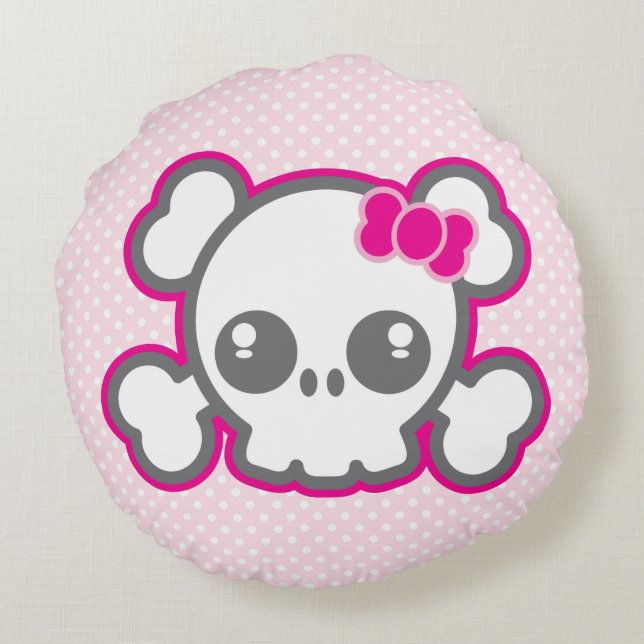 Kawaii Rosa Ribbon Skull Round Pillow Rund Kudde (Baksidan)