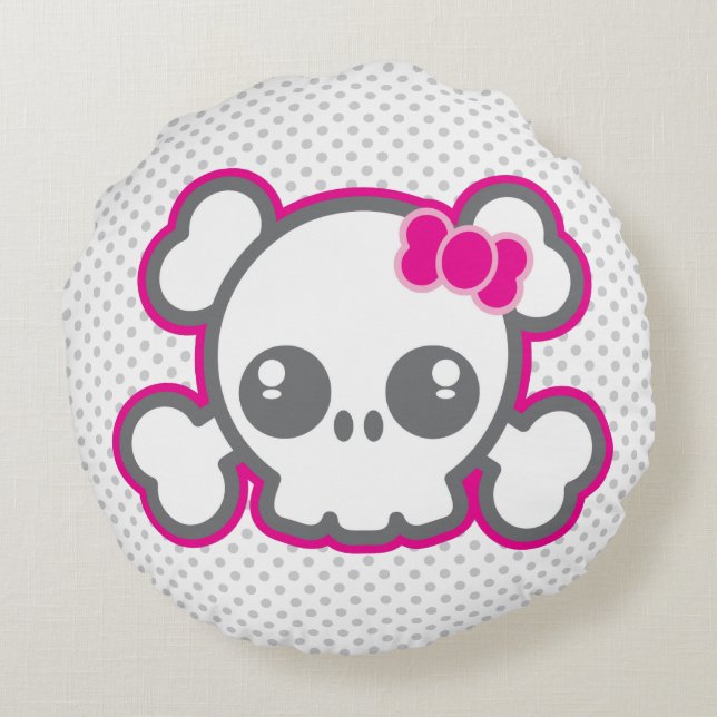 Kawaii Rosa Ribbon Skull Round Pillow Rund Kudde (Baksidan)
