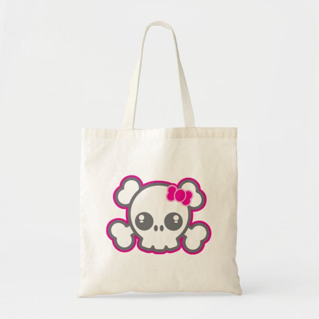 Kawaii Rosa Ribbon Skull Tote Bag Tygkasse (Framsidan)