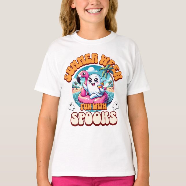 Kawaii Rosa Spökflamingo Flotte Summerween Spöke T Shirt (Framsida)