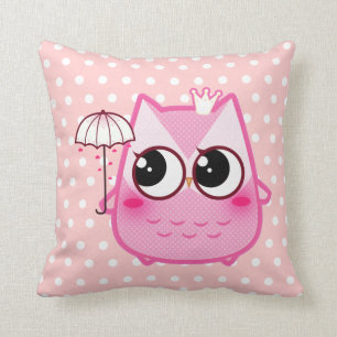 Kawaii rosa uggla med det gulliga paraplyet kudde