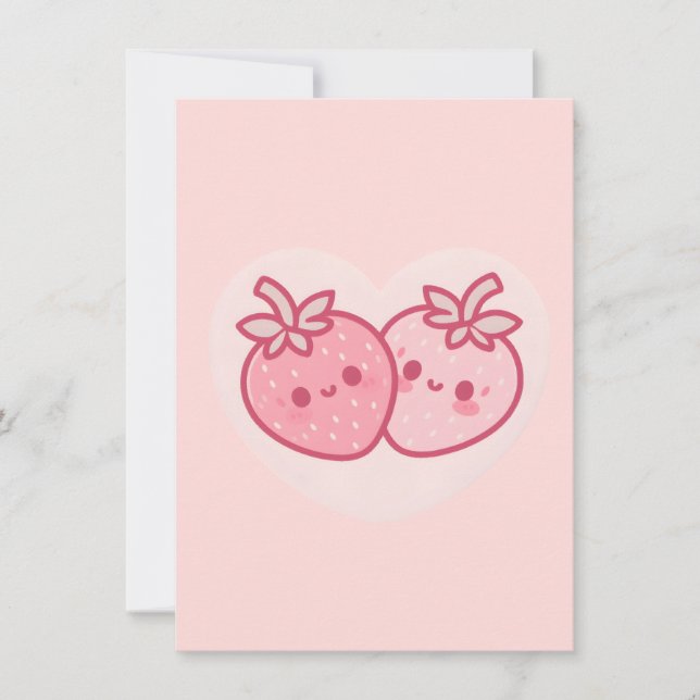 Kawaii Rosa Valentines Strawbär Tack Kort (Framsida)