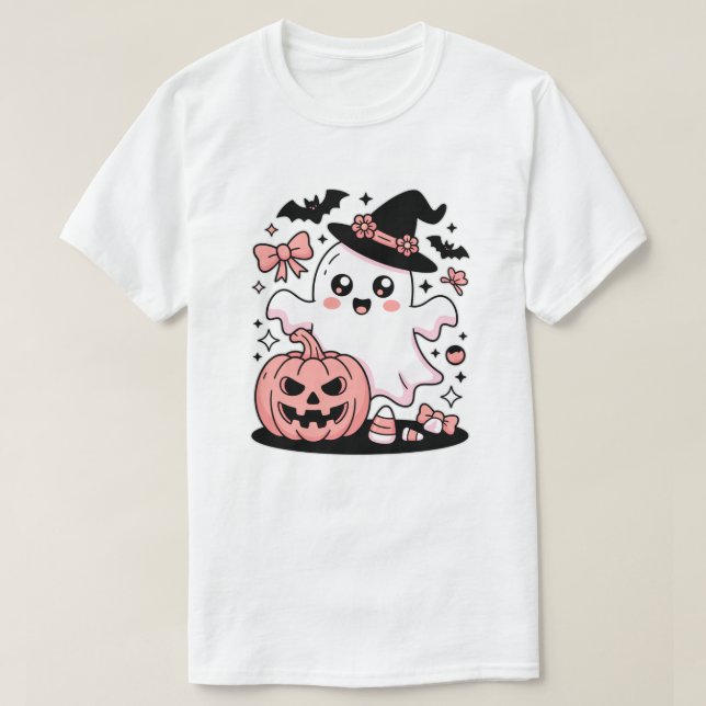 Kawaii Rosa Witch Ghost med Pumpkin and Bows T Shirt (Design framsida)