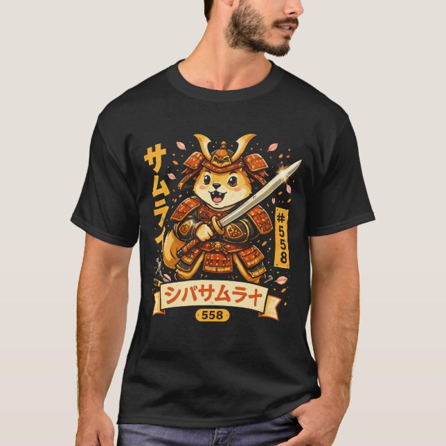 Kawaii Samurai Dog Cartoon Art T Shirt (Framsida)