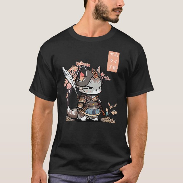 Kawaii Samurai Kitten Art Japanese Anime Style for T Shirt (Framsida)