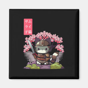 Kawaii Samurai Kitten med Cherry Blommar Japanska Magnet