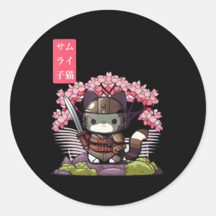 Kawaii Samurai Kitten med Cherry Blommar Japanska Runt Klistermärke