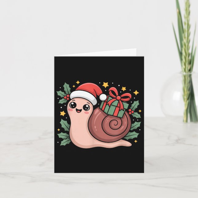 Kawaii Santa Snail With Wrapped Box And Holly Star Kort (Framsida)