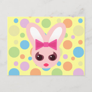 Kawaii Sassy Bunny Rosa Bow & Mod Dots Vykort
