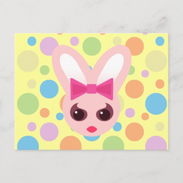 Kawaii Sassy Bunny Rosa Bow & Mod Dots Vykort (Framsida)