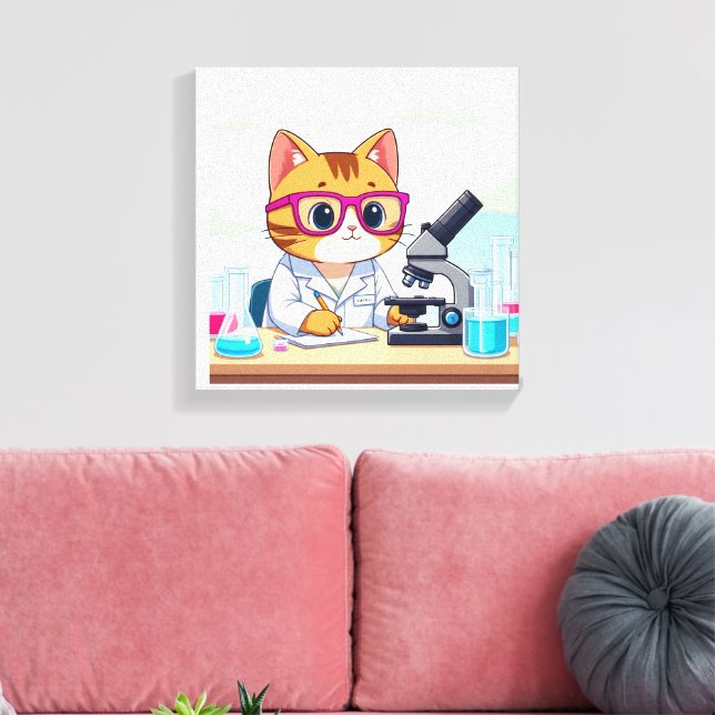Kawaii Scientist Cat – Cute Cartoon Lab Canvas Art (Insitu (Vardagsrum))