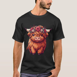 Kawaii Scottish Highland Cow with Flower Krona T Shirt