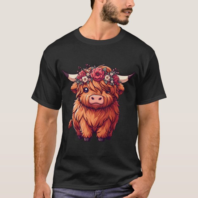 Kawaii Scottish Highland Cow with Flower Krona T Shirt (Framsida)