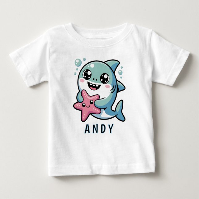 Kawaii Shark och Starfish Best Friends T Shirt (Framsida)
