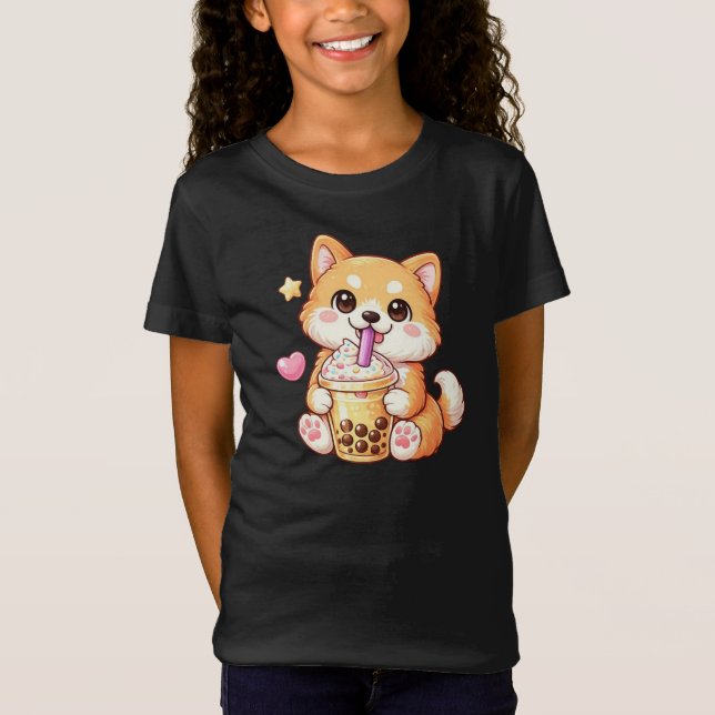 Kawaii Shiba Inu Drinking Bubble Tea Unisex T Shirt (Framsida)