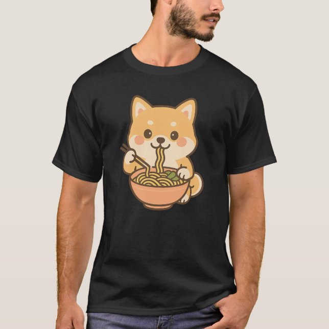 Kawaii Shiba Inu Eating Ramen - Cute Noodle Hund T Shirt (Framsida)