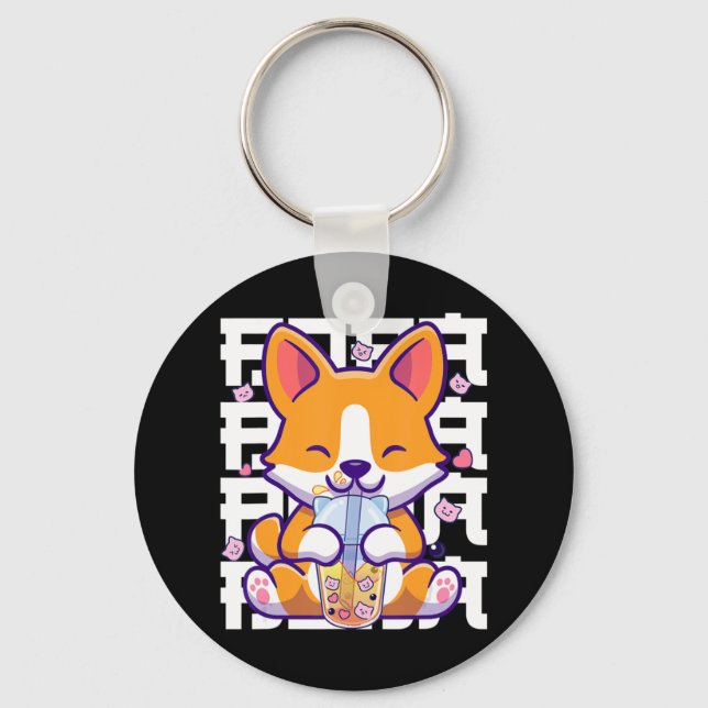 Kawaii Shiba Inu Hund Bubble Tea Boba Anime Gifts  Nyckelring (Framsida)