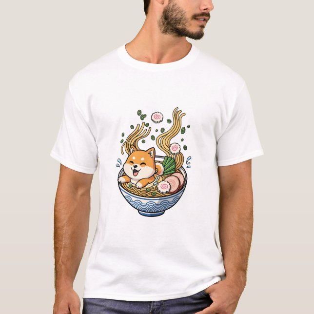 Kawaii Shiba Inu Puppy Bathing in Japanese Ramen N T Shirt (Framsida)