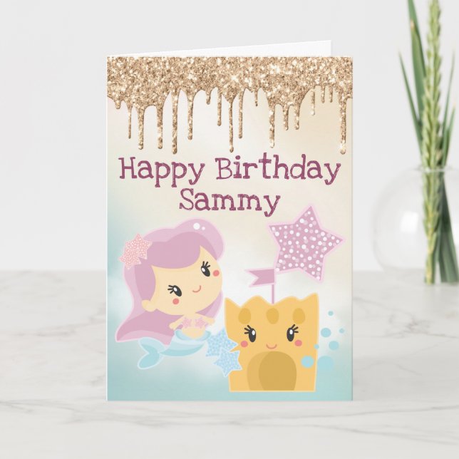 Kawaii Sjöjungfru och Sandcastle Gradient Birthday Kort (Framsida)