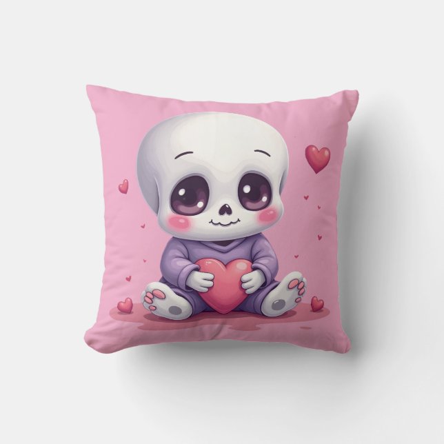 Kawaii Skeleton Holding Heart Kudde (Framsida)