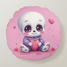 Kawaii Skeleton Holding Heart Rund Kudde