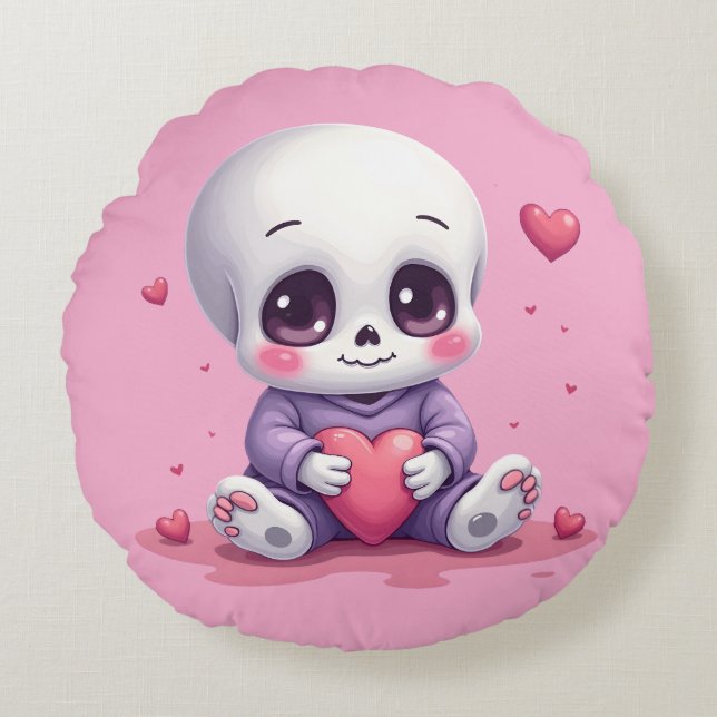 Kawaii Skeleton Holding Heart Rund Kudde (Framsidan)
