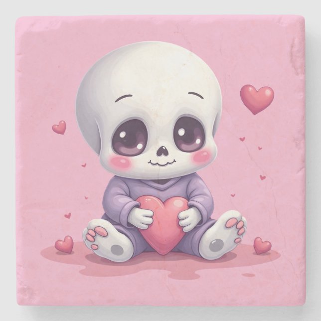 Kawaii Skeleton Holding Heart Stenunderlägg (Framsidan)