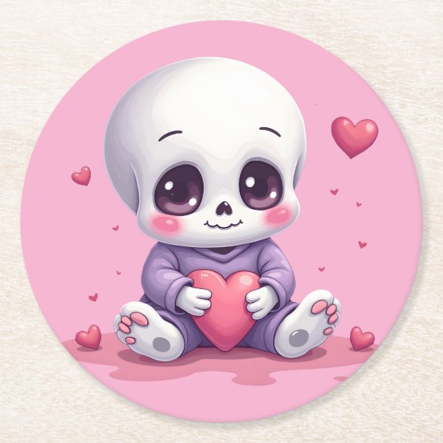 Kawaii Skeleton Holding Heart Underlägg Papper Rund (Framsidan)