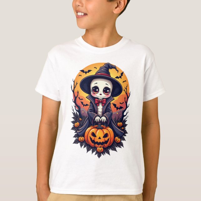 Kawaii Skeleton Witch med Pumpkin T Shirt (Framsida)