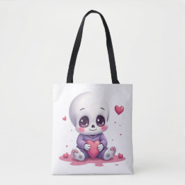Kawaii skelett som håller hjärta tygkasse