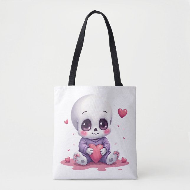 Kawaii skelett som håller hjärta tygkasse (Framsida)