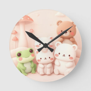 Kawaii Skogs Vänner Björn Groda och Kanin Nurserie Rund Klocka