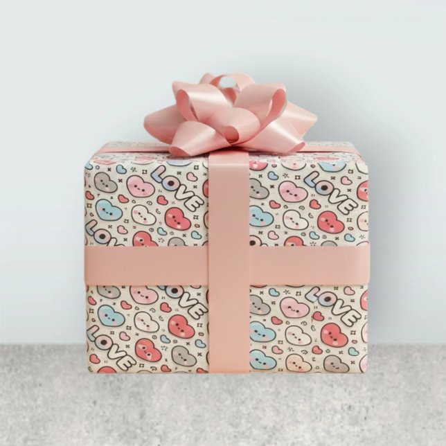 Kawaii Smiling Hearts Love Transparent Pattern Presentpapper (Skapare uppladdad)