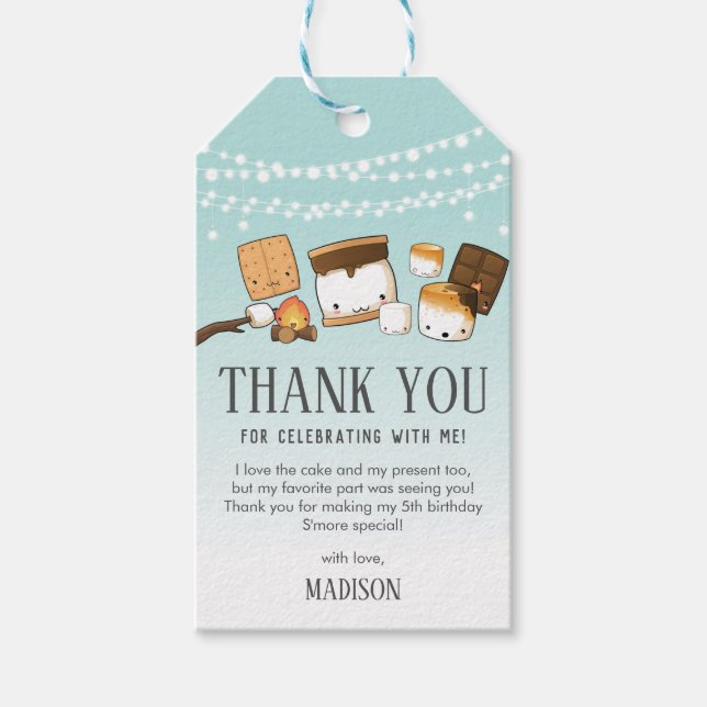 Kawaii S'mores Camping Birthday Tack Favor Presentetikett (Framsidan)