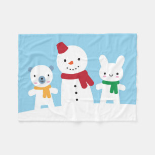 Kawaii snöig dag med kanin och björn fleecefilt
