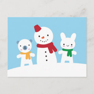 Kawaii snöig dag med kanin och björn vykort