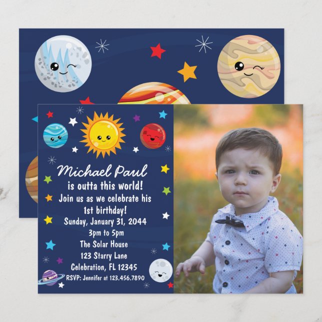Kawaii Solar System Outta World Birthday Invi Inbjudningar (Fram/baksida)