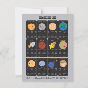 Kawaii solsystem 2026 kalender vykort