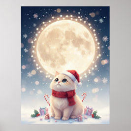 Kawaii Söt Katt Jul Med Måne Affisch