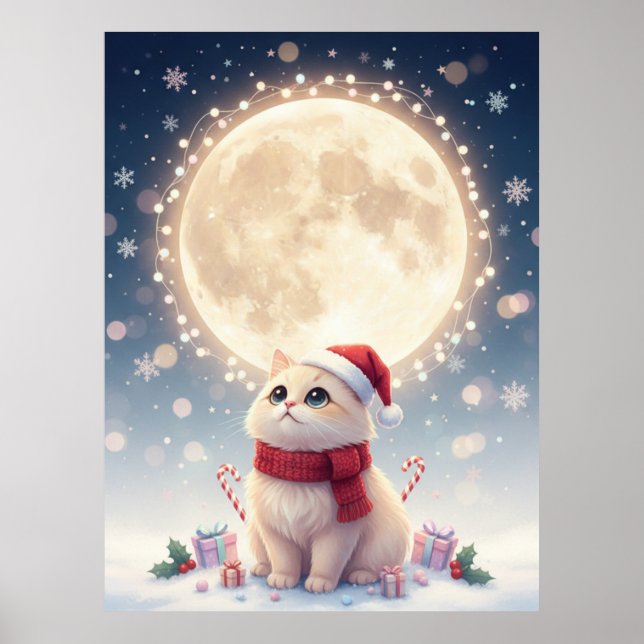 Kawaii Söt Katt Jul Med Måne Affisch (Framsidan)