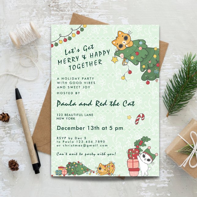 Kawaii Söt Katt & Julgran Inbjudan (Kawaii Cute Cat & Christmas Tree Invitation)