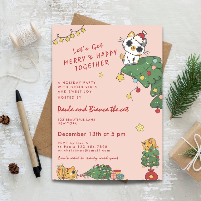 Kawaii Söt Katt & Julgran Inbjudningar (Kawaii Cute Cat & Christmas Tree Invitation)