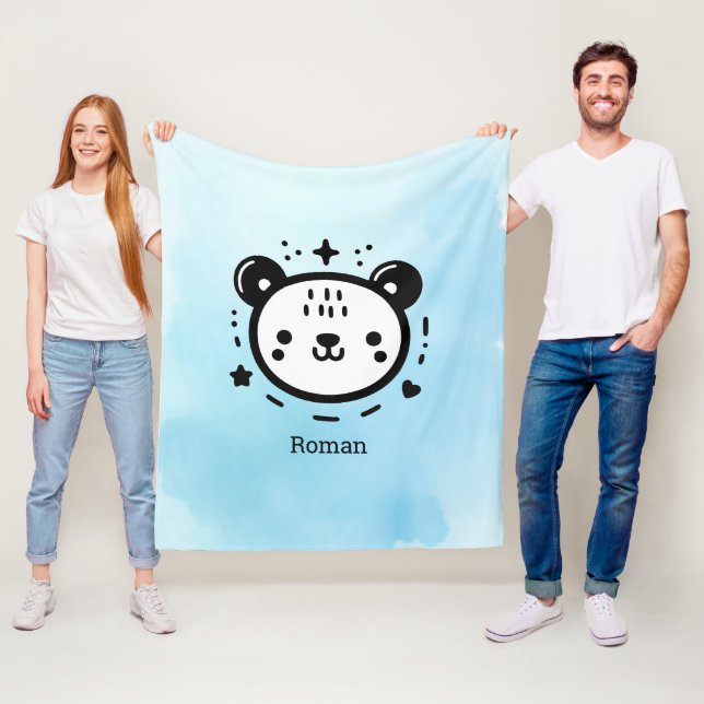 Kawaii Söta Bear Ansikte - Kawaii Minimalist Line  Fleecefilt (På plats)