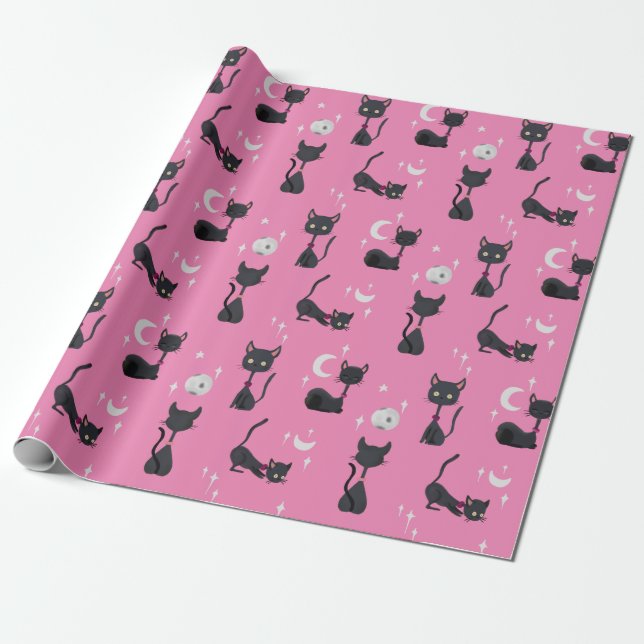 Kawaii söta katter måne stjärnor rosa inslagspappe presentpapper (Utrullad)
