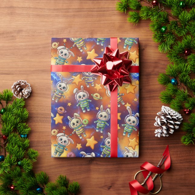 Kawaii Space Bunnies & Donuts Galactic Pattern Presentpapper (Julgåva)