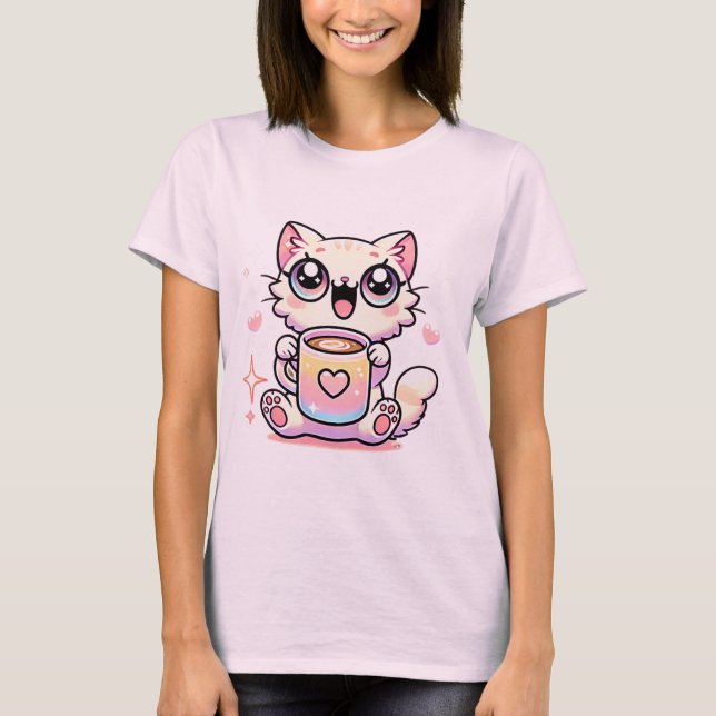 Kawaii Sparkly Cat med Rainbow Coffee Mugg Cute T Shirt (Framsida)